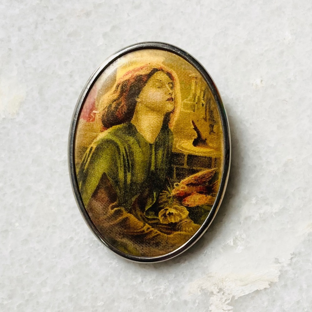Vintage Painting Print Brooch Beata Beatrix Large Silver Woman Art 2.5”